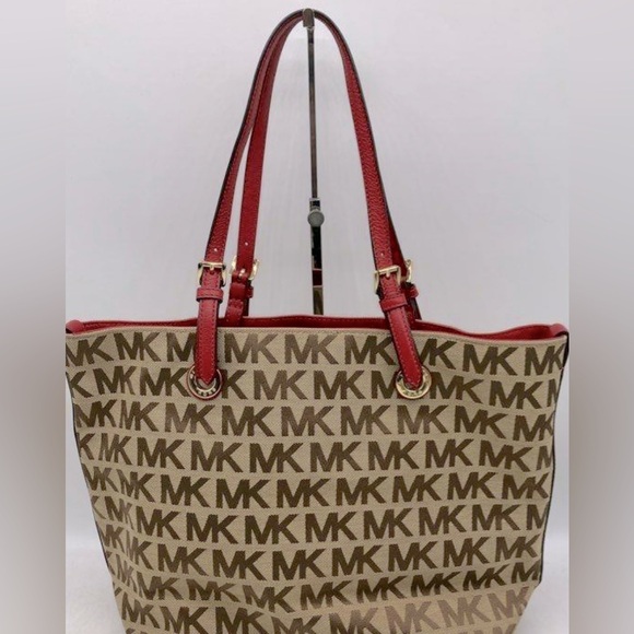 MICHAEL KORS JET SET MONOGRAM LOGO TOTE RED TRIM HANDLES ❣️❤️‍🔥 - Picture 2 of 6